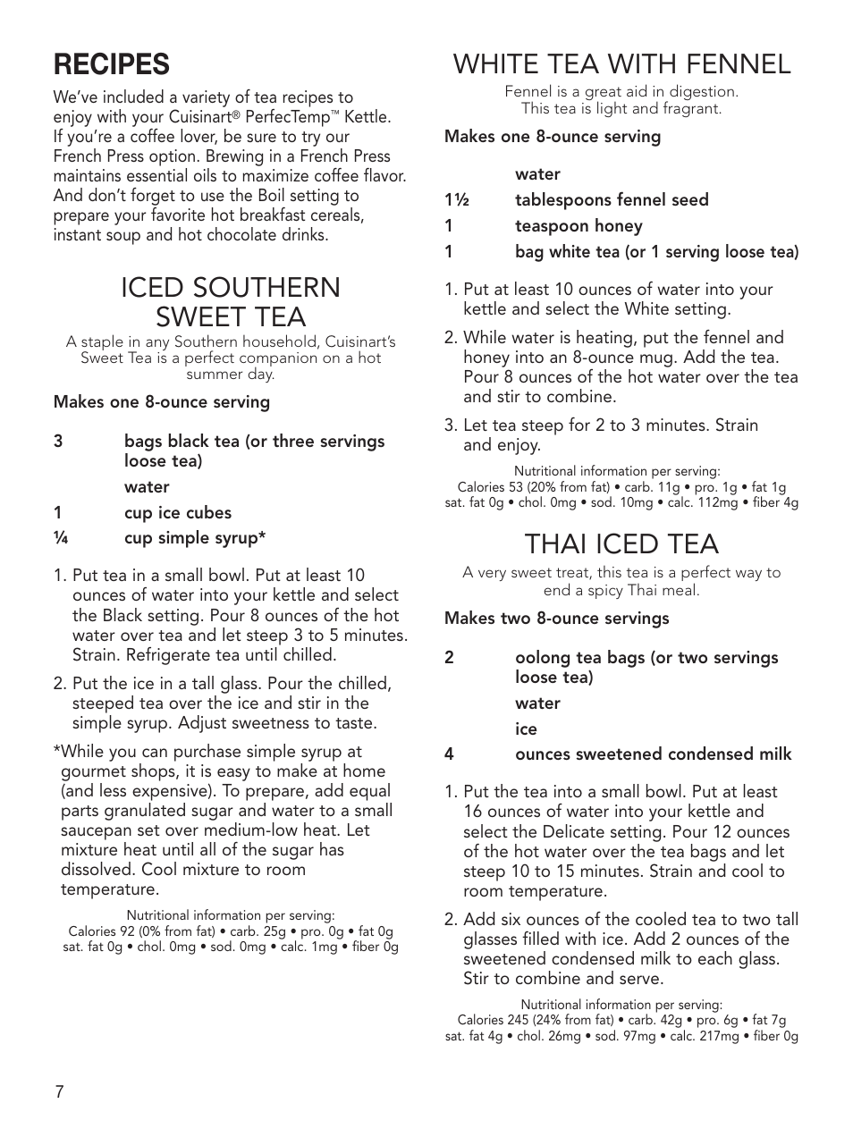 Recipes, Iced southern sweet tea, White tea with fennel | Thai iced tea | Cuisinart PerfecTemp CPK-17 User Manual | Page 8 / 13