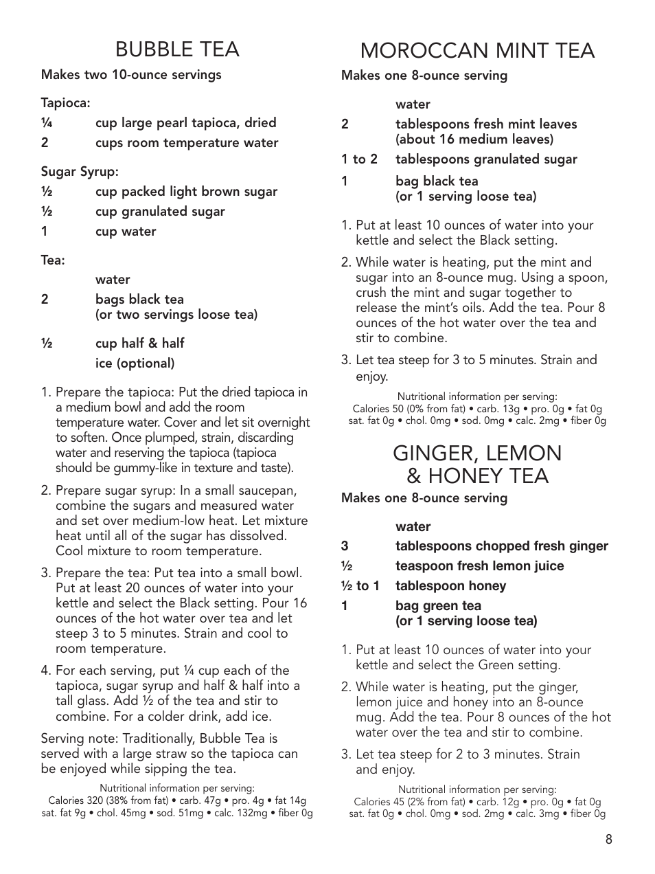 Bubble tea, Moroccan mint tea, Ginger, lemon & honey tea | Cuisinart PerfecTemp CPK-17 User Manual | Page 9 / 13