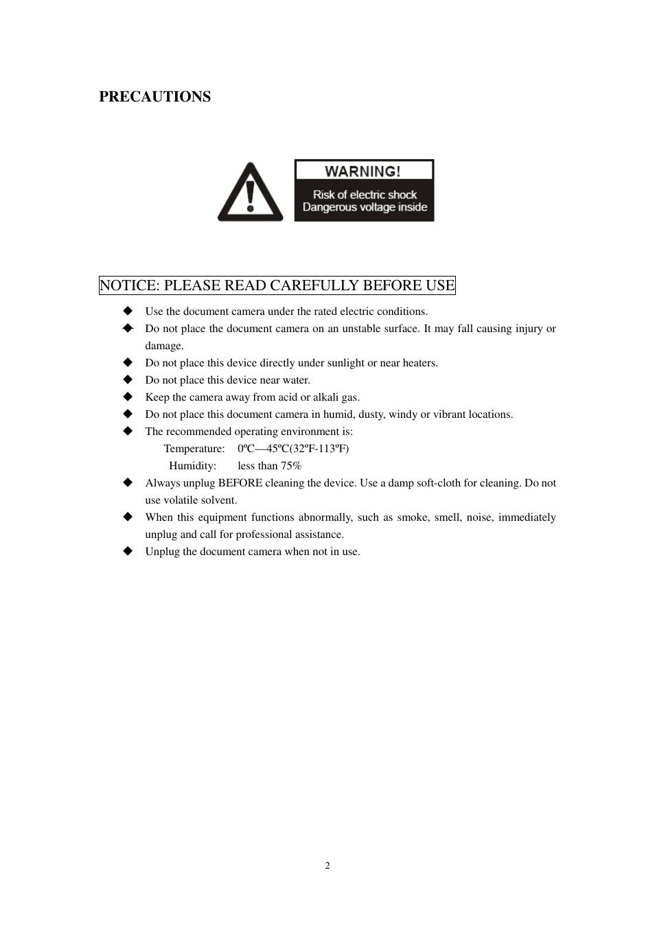 Precautions, Notice: please read carefully before use | Optoma DC300i User Manual | Page 2 / 28