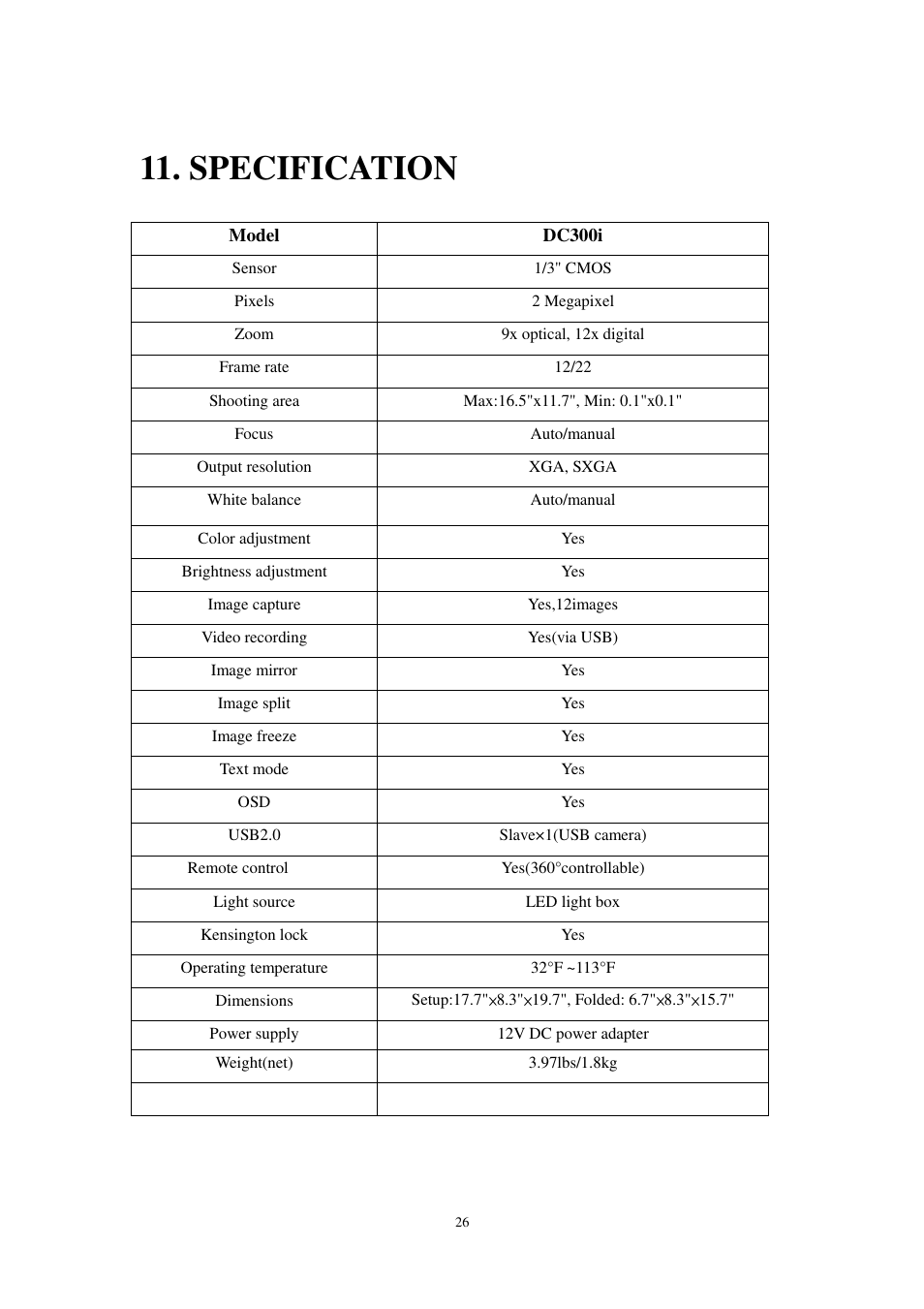 Specification | Optoma DC300i User Manual | Page 26 / 28