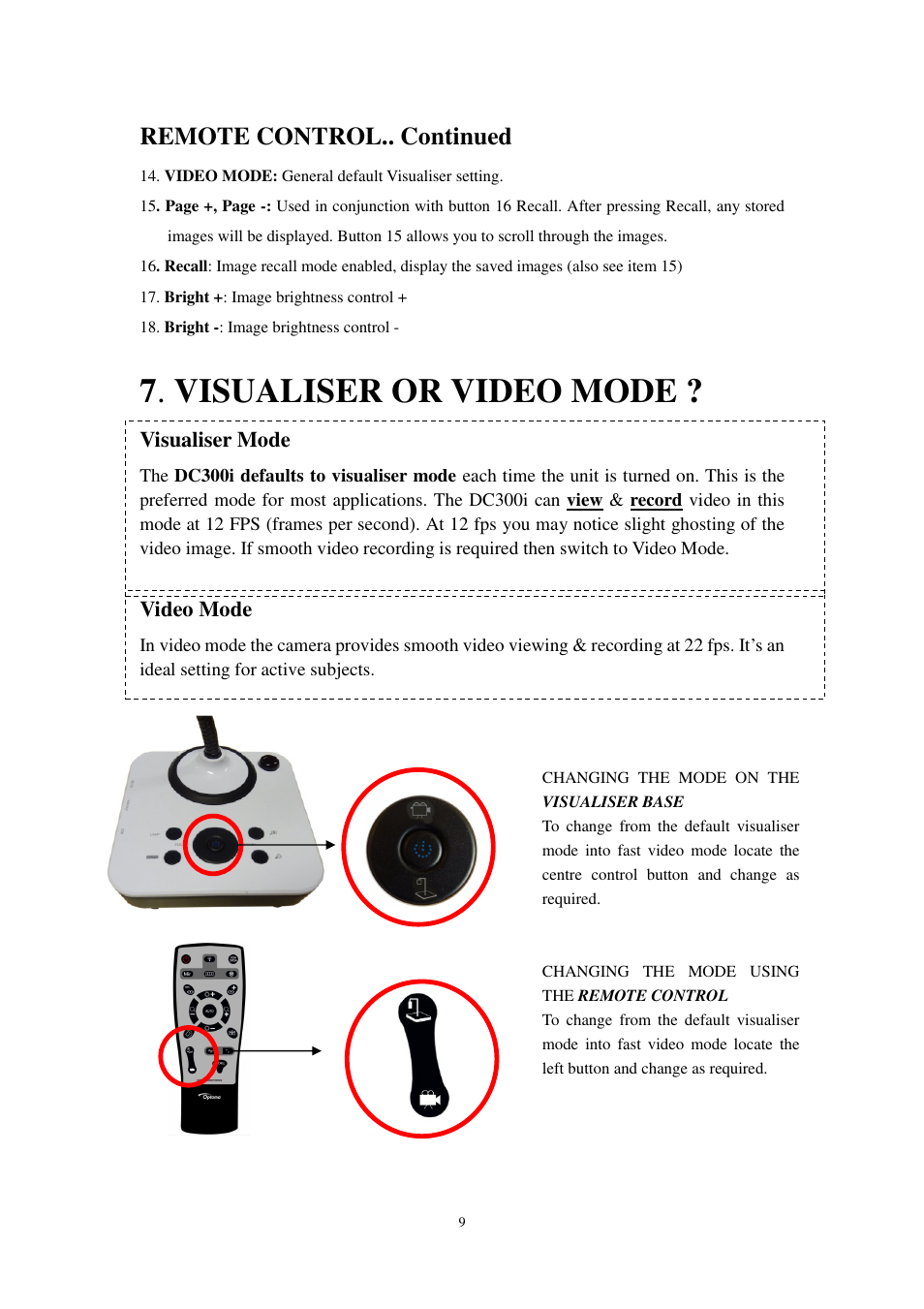 7 . visualiser or video mode, Remote control.. continued, Visualiser mode | Video mode | Optoma DC300i User Manual | Page 9 / 28