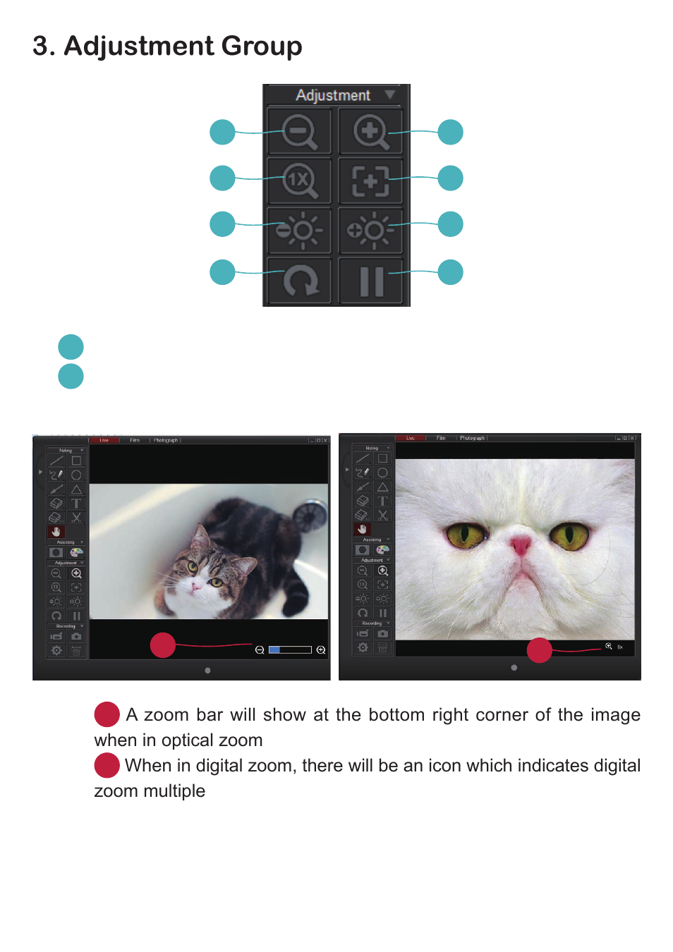Adjustment group, Zoom out- zoom out the image, Zoom in- zoom in the image | Optoma DC350 User Manual | Page 13 / 60