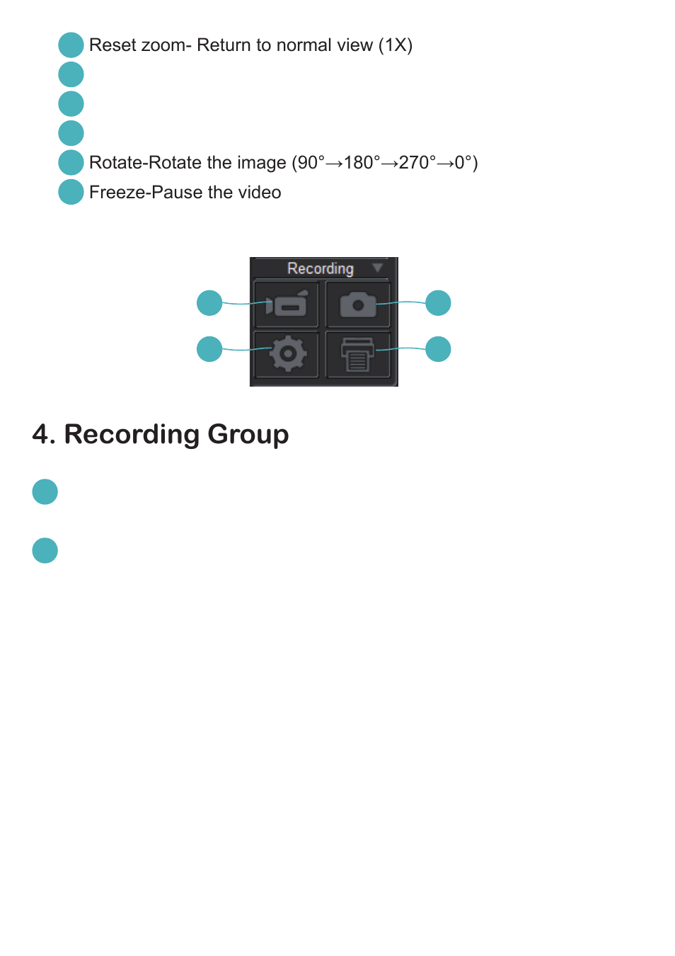 Recording group, Record-start/stop video recording, Capture- capture the screen image | Optoma DC350 User Manual | Page 14 / 60