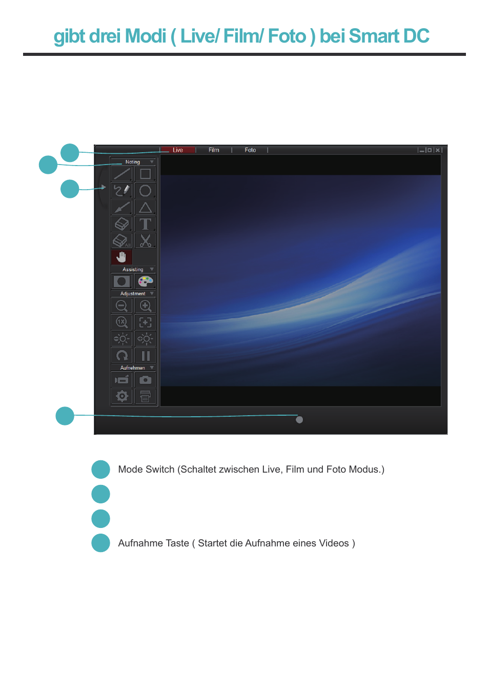 Gibt drei modi ( live/ film/ foto ) bei smart dc | Optoma DC350 User Manual | Page 20 / 60