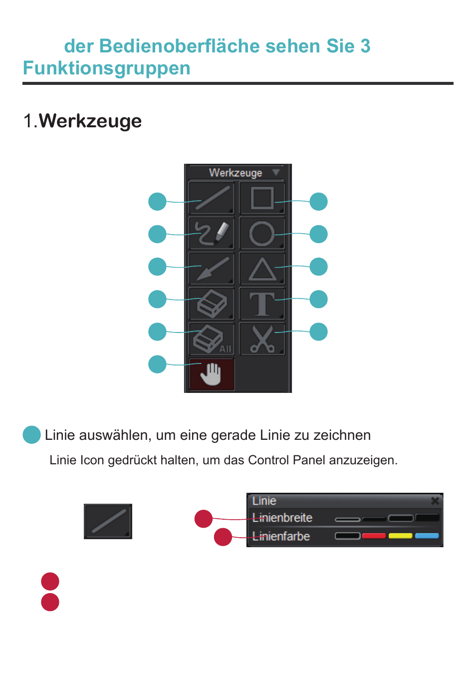 Werkzeuge, Der bedienoberfläche sehen sie 3 funktionsgruppen, Linie auswählen, um eine gerade linie zu zeichnen | Optoma DC350 User Manual | Page 23 / 60