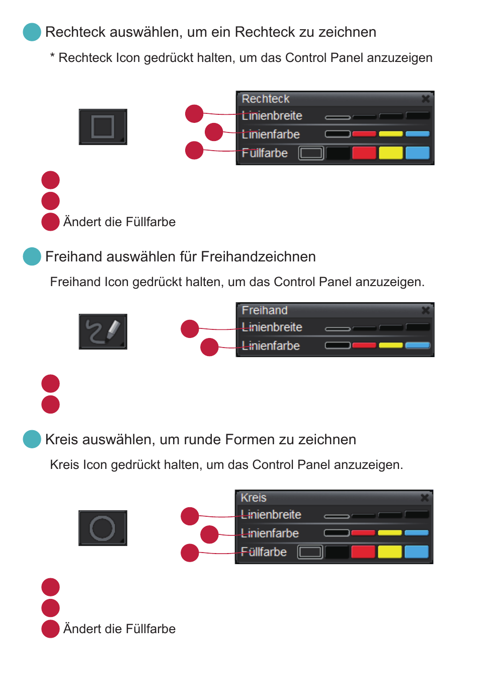 Rechteck auswählen, um ein rechteck zu zeichnen, Freihand auswählen für freihandzeichnen, Kreis auswählen, um runde formen zu zeichnen | Optoma DC350 User Manual | Page 24 / 60