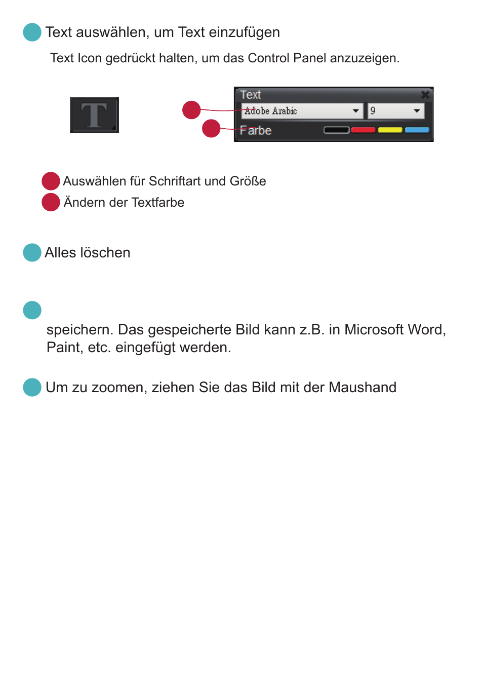 Text auswählen, um text einzufügen, Alles löschen, Um zu zoomen, ziehen sie das bild mit der maushand | Optoma DC350 User Manual | Page 26 / 60