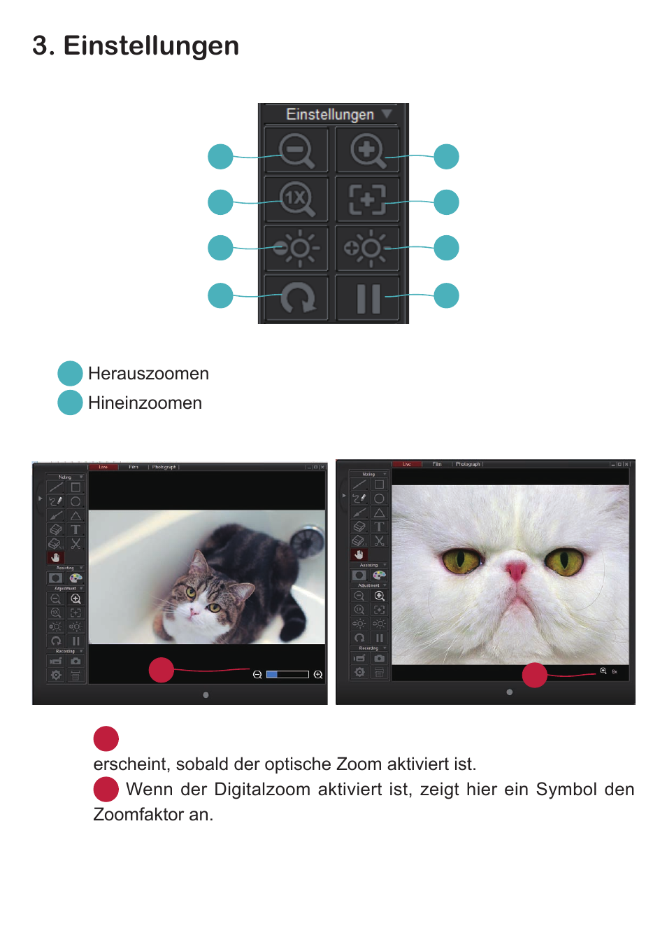 Einstellungen, Herauszoomen, Hineinzoomen | Optoma DC350 User Manual | Page 28 / 60