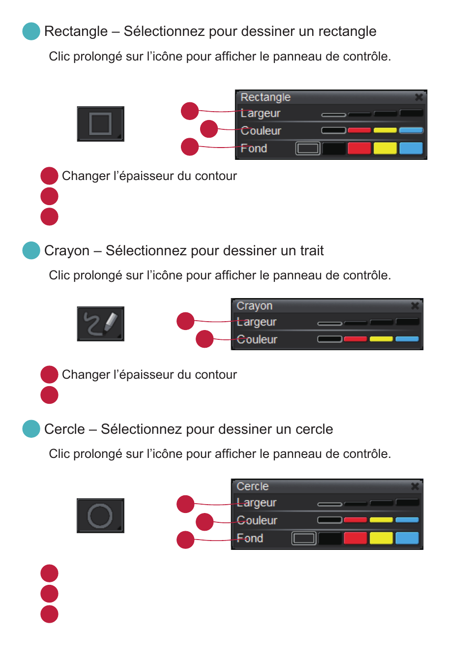 Crayon – sélectionnez pour dessiner un trait, Cercle – sélectionnez pour dessiner un cercle | Optoma DC350 User Manual | Page 39 / 60