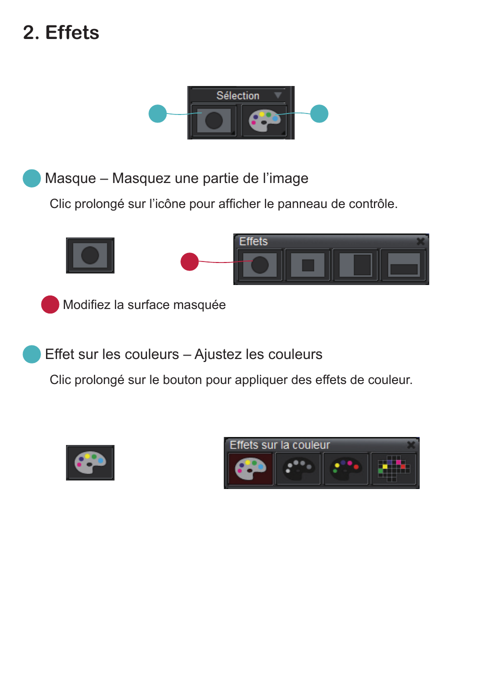 Effets, Masque – masquez une partie de l’image, Effet sur les couleurs – ajustez les couleurs | Optoma DC350 User Manual | Page 42 / 60