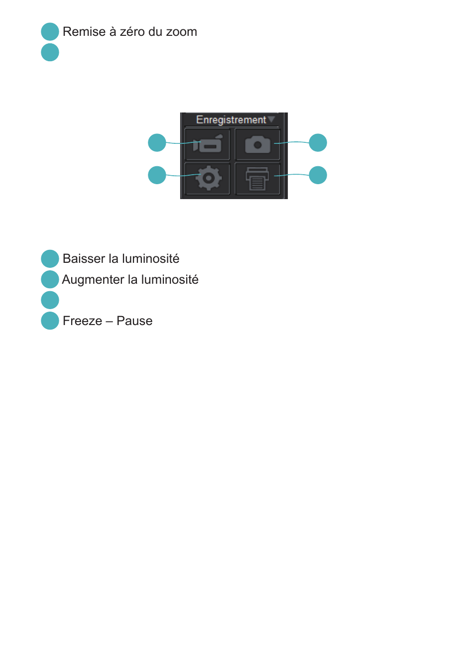 Remise à zéro du zoom, Autofocus, Baisser la luminosité | Augmenter la luminosité, Rotation, Freeze – pause | Optoma DC350 User Manual | Page 44 / 60
