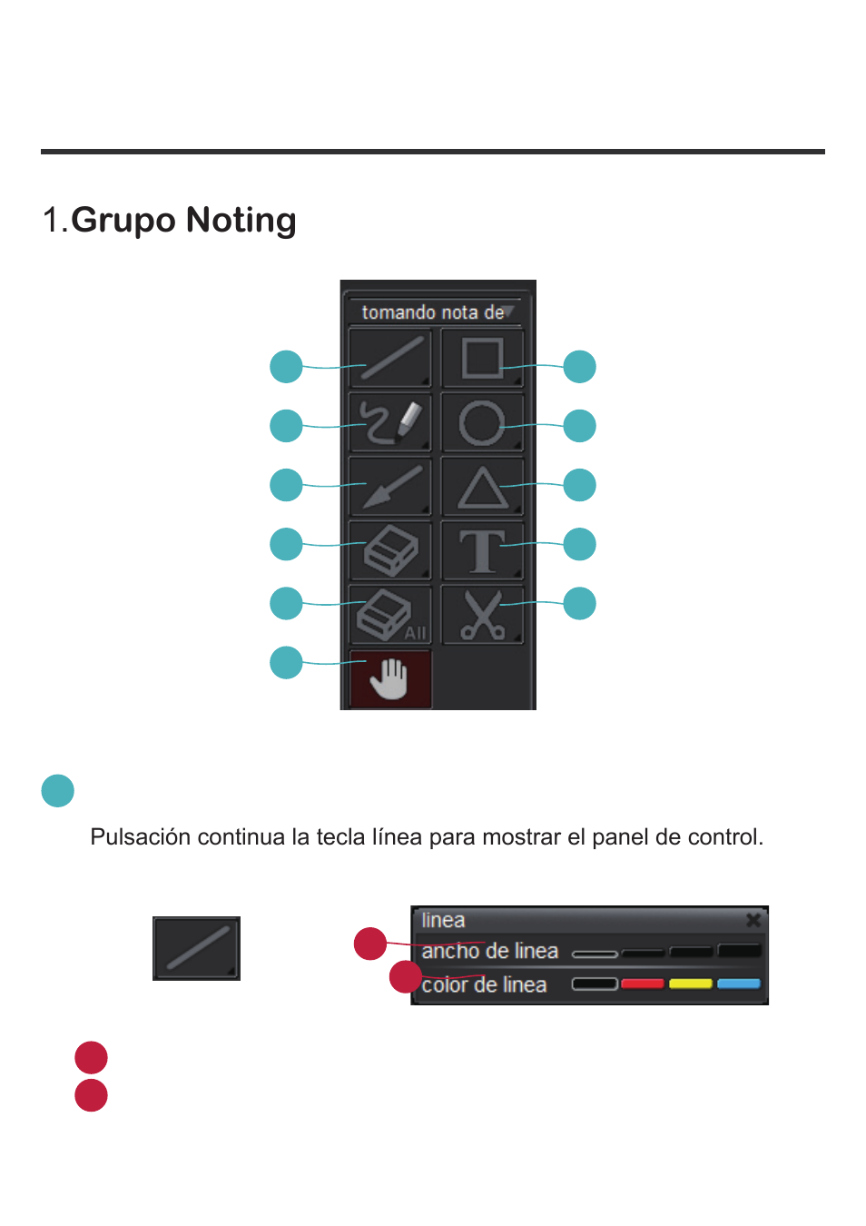 Grupo noting, El panel de control, veras 3 grupos de funciones, Seleccione línea para dibujar una línea recta | Optoma DC350 User Manual | Page 53 / 60