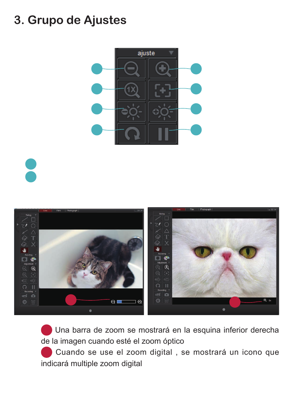 Grupo de ajustes, Zoom fuera- zoom aleja la imagen, Zoom dentro- zoom agranda la imagen | Optoma DC350 User Manual | Page 58 / 60