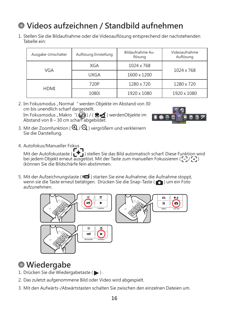 Videos aufzeichnen / standbild aufnehmen, Wiedergabe | Optoma DC450 User Manual | Page 44 / 104