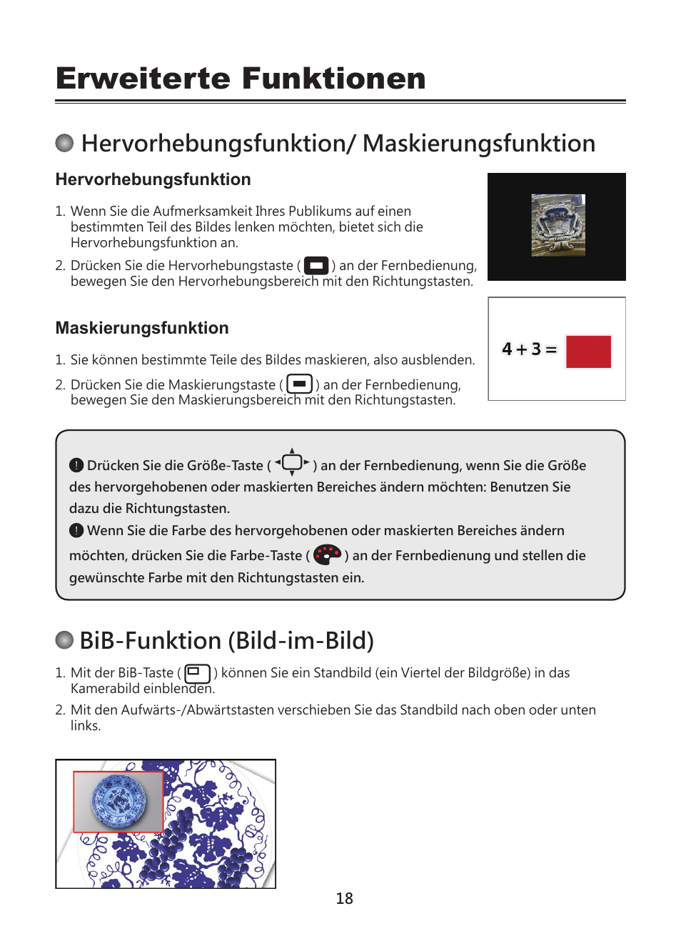 Erweiterte funktionen, Hervorhebungsfunktion/ maskierungsfunktion, Bib-funktion (bild-im-bild) | Hervorhebungsfunktion, Maskierungsfunktion | Optoma DC450 User Manual | Page 46 / 104