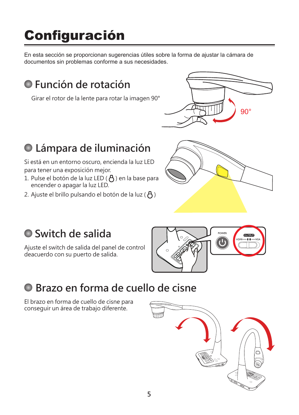 Configuración, Función de rotación, Lámpara de iluminación | Switch de salida, Brazo en forma de cuello de cisne | Optoma DC450 User Manual | Page 59 / 104