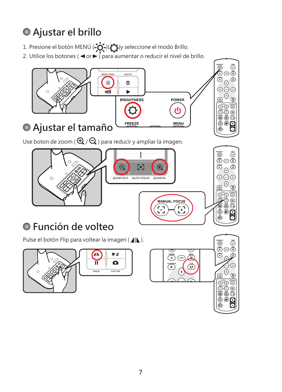 Ajustar el brillo, Ajustar el tamaño, Función de volteo | Optoma DC450 User Manual | Page 61 / 104