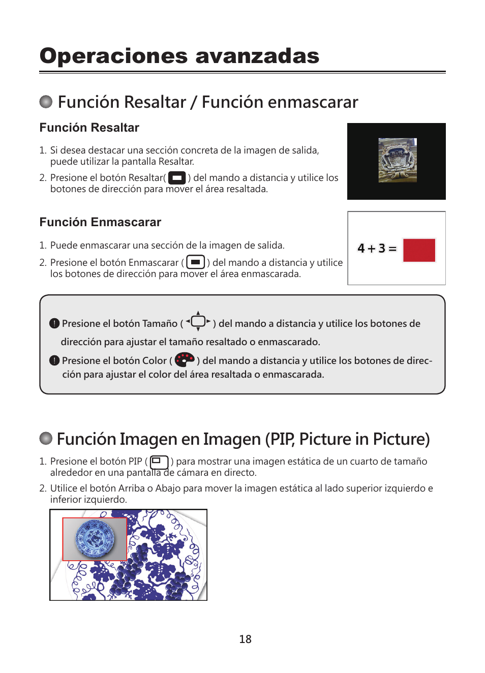 Operaciones avanzadas, Función resaltar / función enmascarar, Función imagen en imagen (pip, picture in picture) | Optoma DC450 User Manual | Page 72 / 104