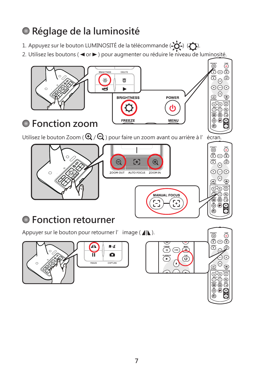 Réglage de la luminosité, Fonction zoom, Fonction retourner | Optoma DC450 User Manual | Page 87 / 104