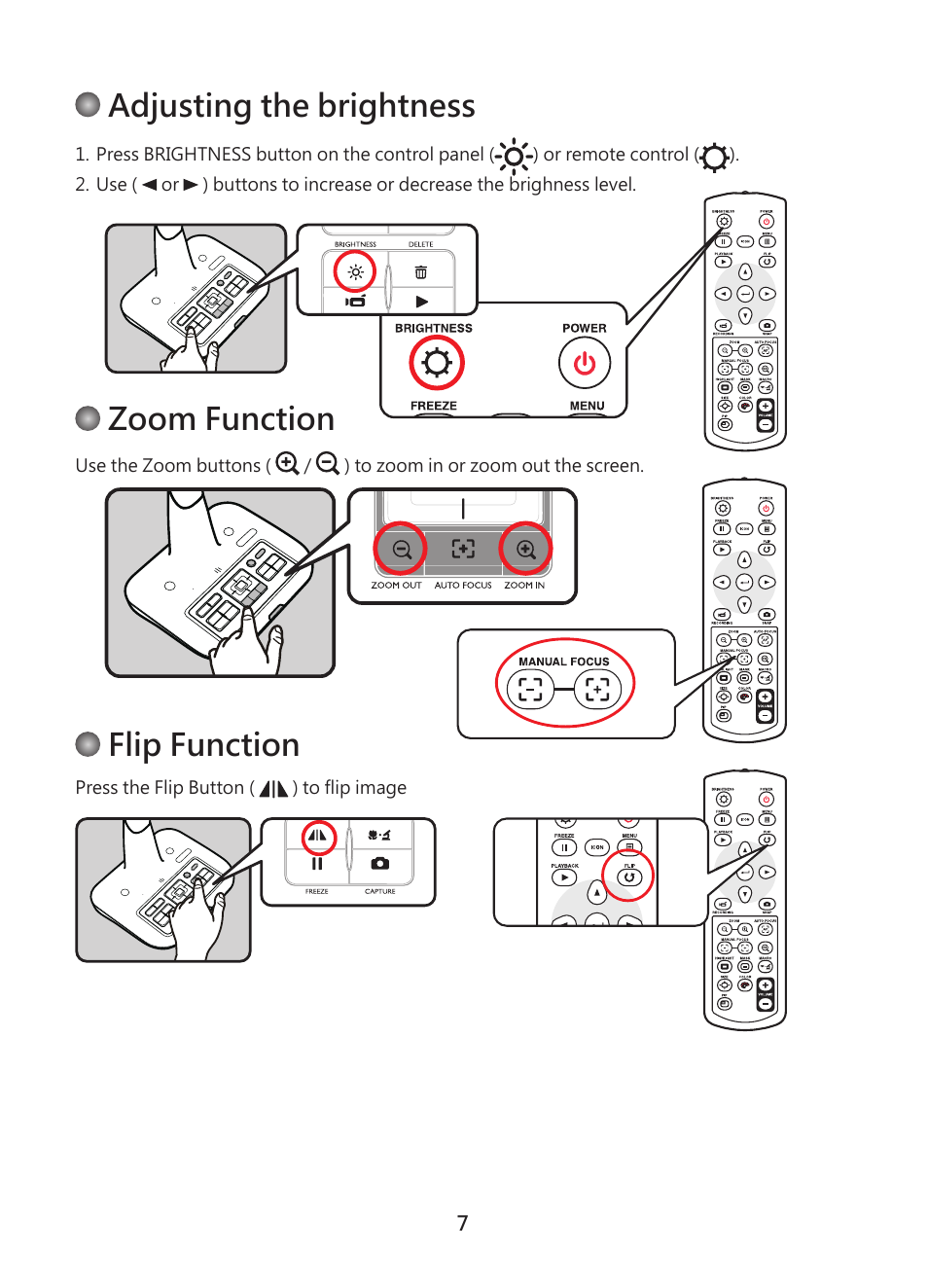 Adjusting the brightness, Zoom function, Flip function | Optoma DC450 User Manual | Page 9 / 104