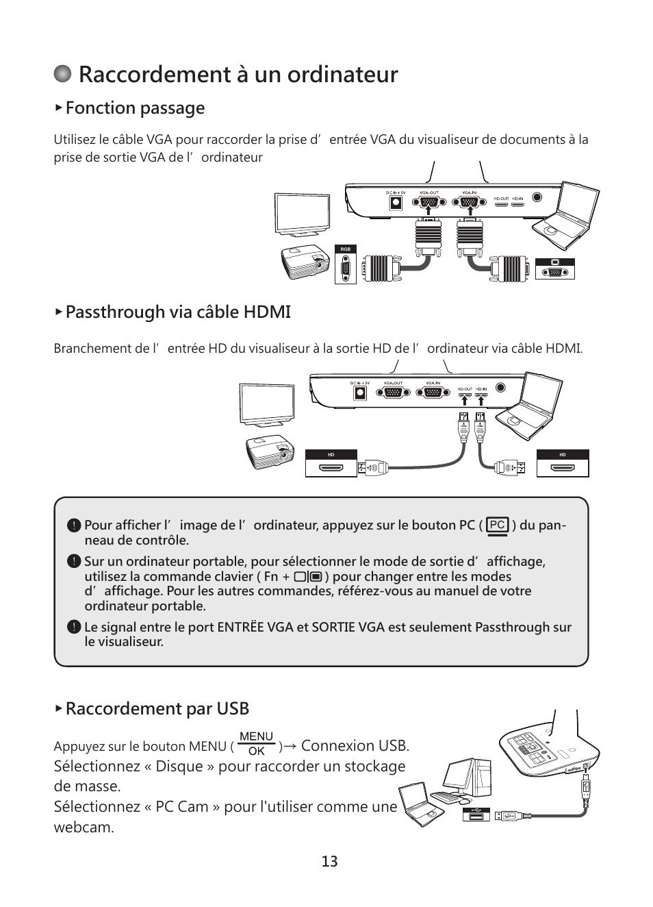 Raccordement à un ordinateur, Fonction passage, Passthrough via câble hdmi | Raccordement par usb | Optoma DC450 User Manual | Page 93 / 104