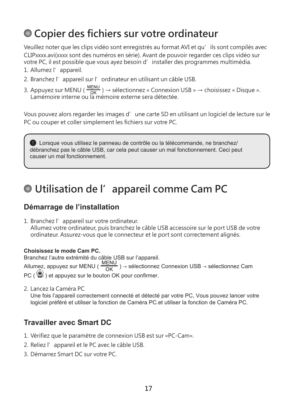 Copier des fichiers sur votre ordinateur, Utilisation de l’appareil comme cam pc, Démarrage de l’installation | Travailler avec smart dc | Optoma DC450 User Manual | Page 97 / 104