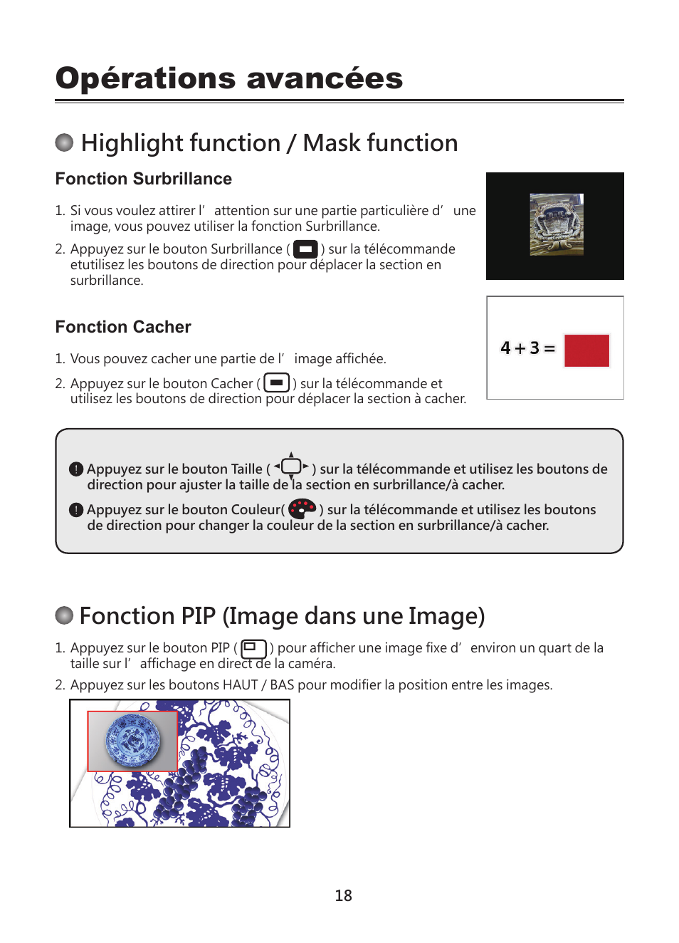 Opérations avancées, Highlight function / mask function, Fonction pip (image dans une image) | Optoma DC450 User Manual | Page 98 / 104