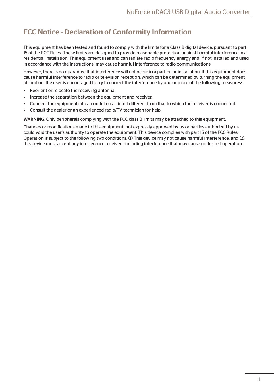 Fcc notice - declaration of conformity information, Nuforce udac3 usb digital audio converter | Optoma uDAC3 User Manual | Page 2 / 6