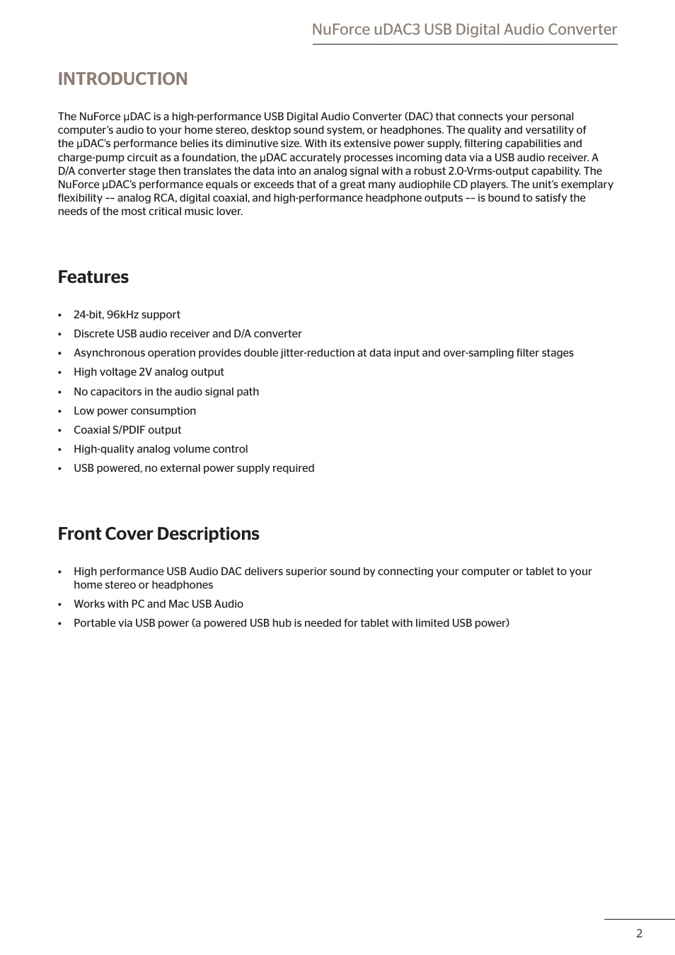 Introduction, Features, Front cover descriptions | Nuforce udac3 usb digital audio converter | Optoma uDAC3 User Manual | Page 3 / 6