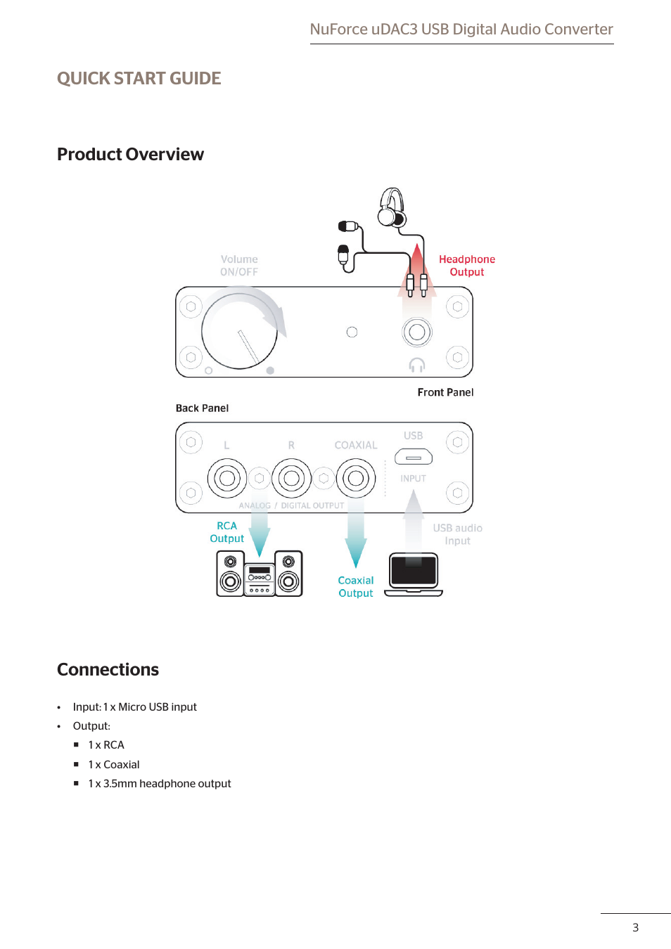 Quick start guide product overview connections, Nuforce udac3 usb digital audio converter | Optoma uDAC3 User Manual | Page 4 / 6