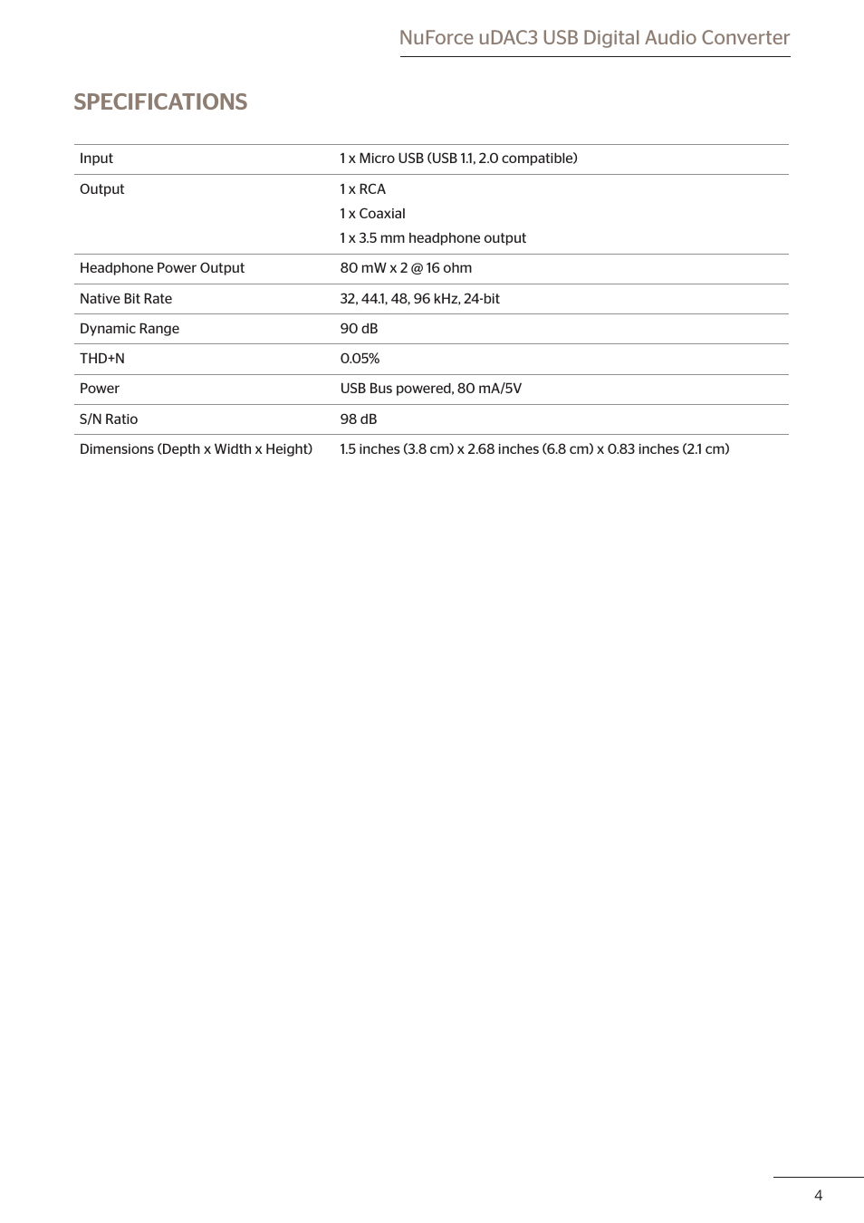 Specifications, Nuforce udac3 usb digital audio converter | Optoma uDAC3 User Manual | Page 5 / 6