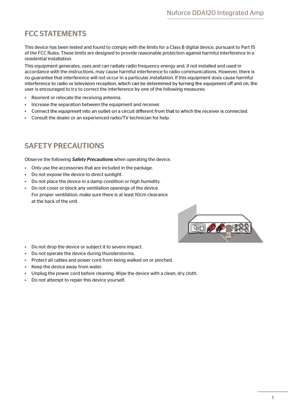 Fcc statements, Safety precautions, Nuforce dda120 integrated amp | 10 cm | Optoma DDA120 User Manual | Page 2 / 5