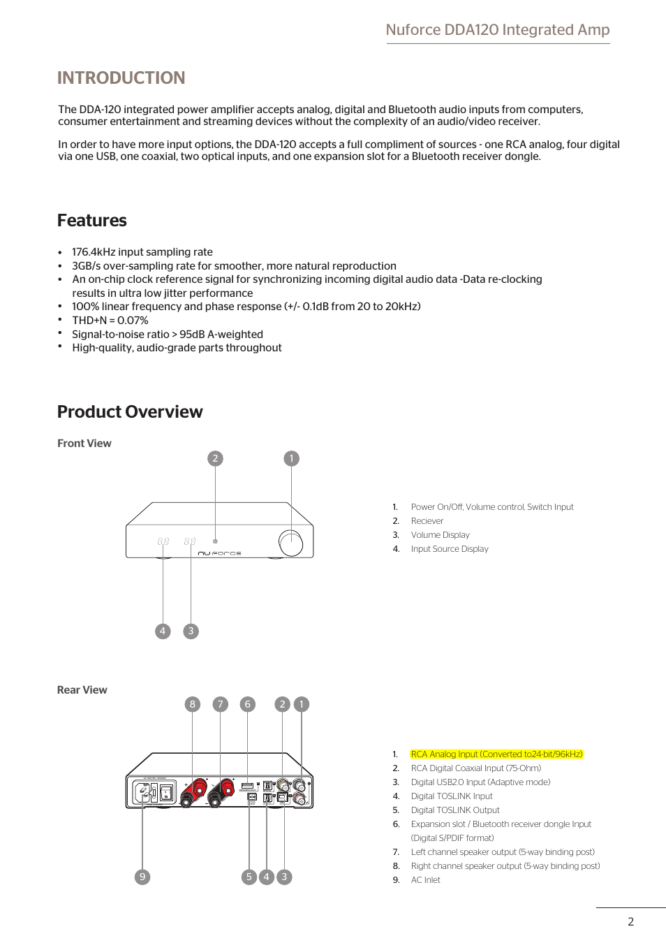 Introduction features, Product overview, Nuforce dda120 integrated amp | Optoma DDA120 User Manual | Page 3 / 5