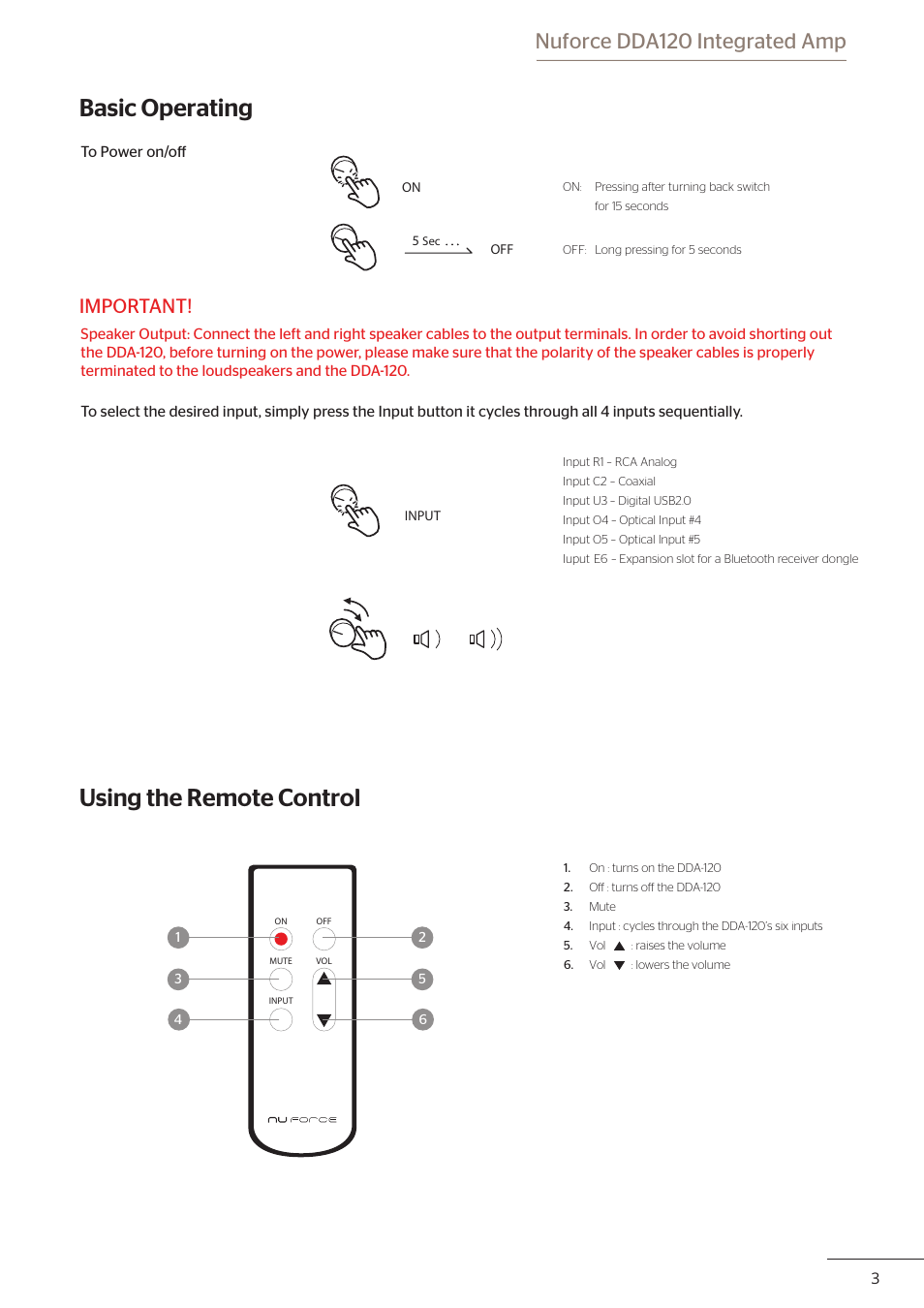 Using the remote control basic operating, Nuforce dda120 integrated amp, Important | Optoma DDA120 User Manual | Page 4 / 5