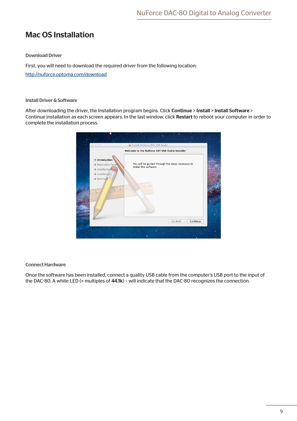 Mac os installation, Nuforce dac-80 digital to analog converter | Optoma DAC80 User Manual | Page 10 / 12