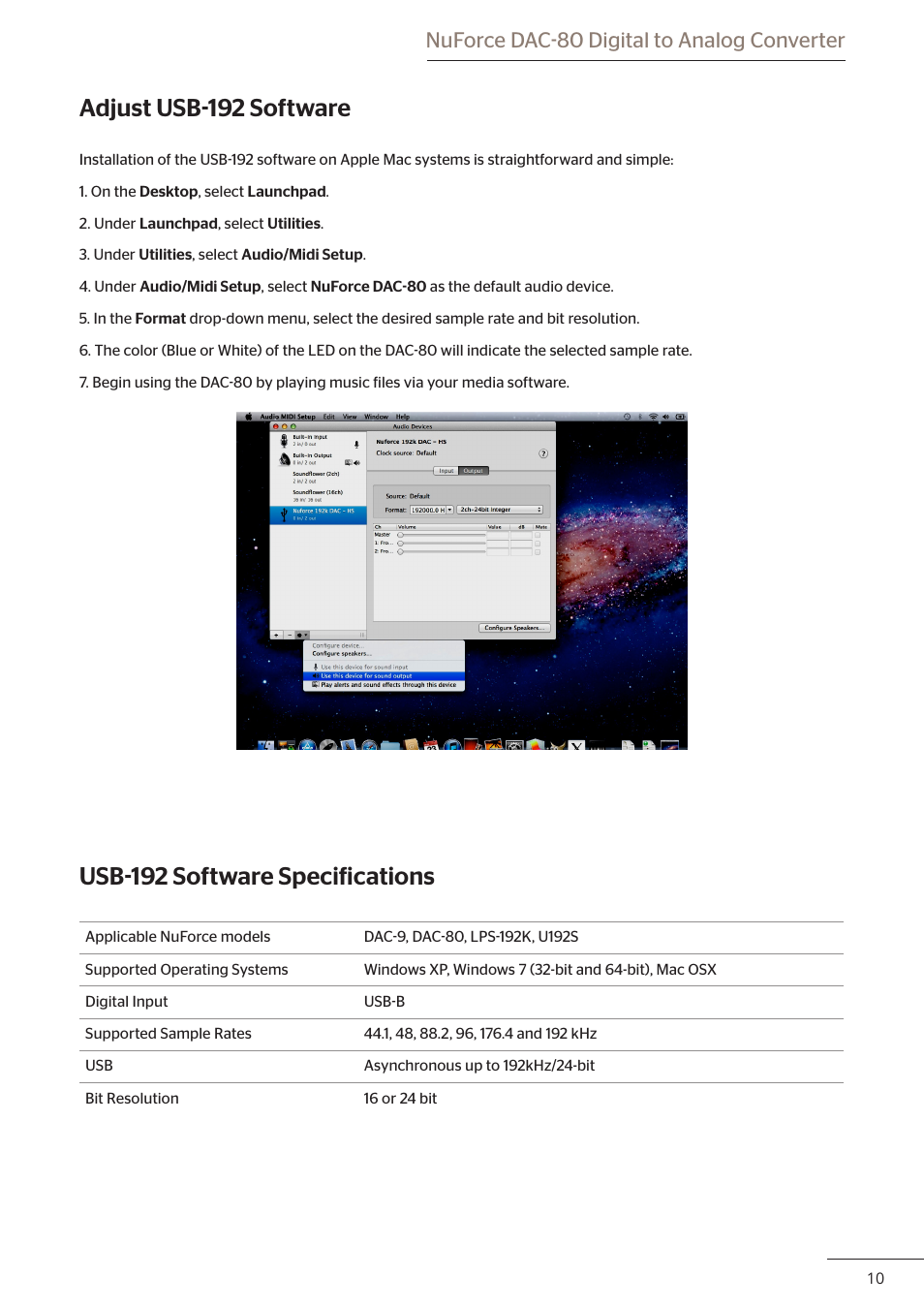 Adjust usb-192 software, Usb-192 software specifications, Nuforce dac-80 digital to analog converter | Optoma DAC80 User Manual | Page 11 / 12