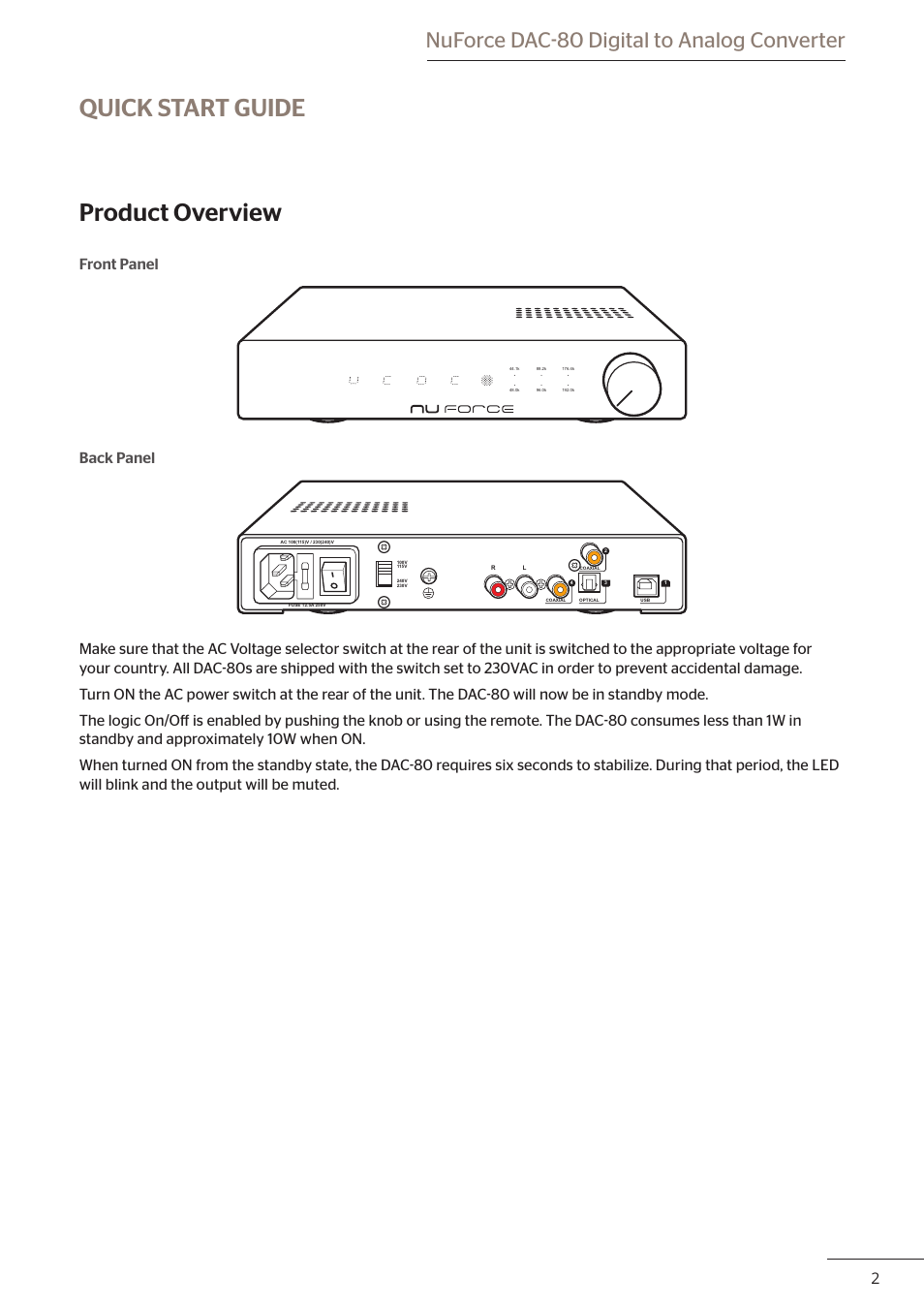 Quick start guide product overview, Nuforce dac-80 digital to analog converter, Front panel | Back panel | Optoma DAC80 User Manual | Page 3 / 12