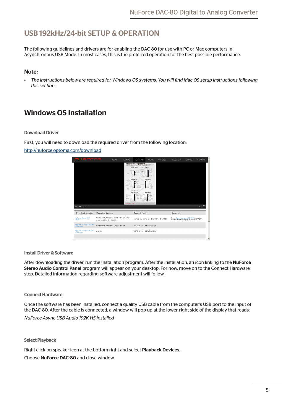 Windows os installation, Nuforce dac-80 digital to analog converter | Optoma DAC80 User Manual | Page 6 / 12