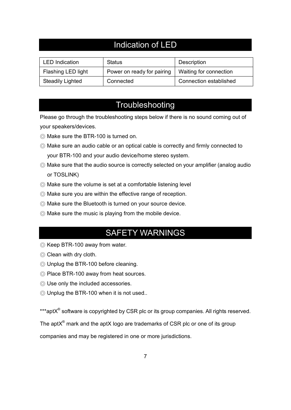 Indication of led troubleshooting, Safety warnings | Optoma BTR100 User Manual | Page 8 / 9