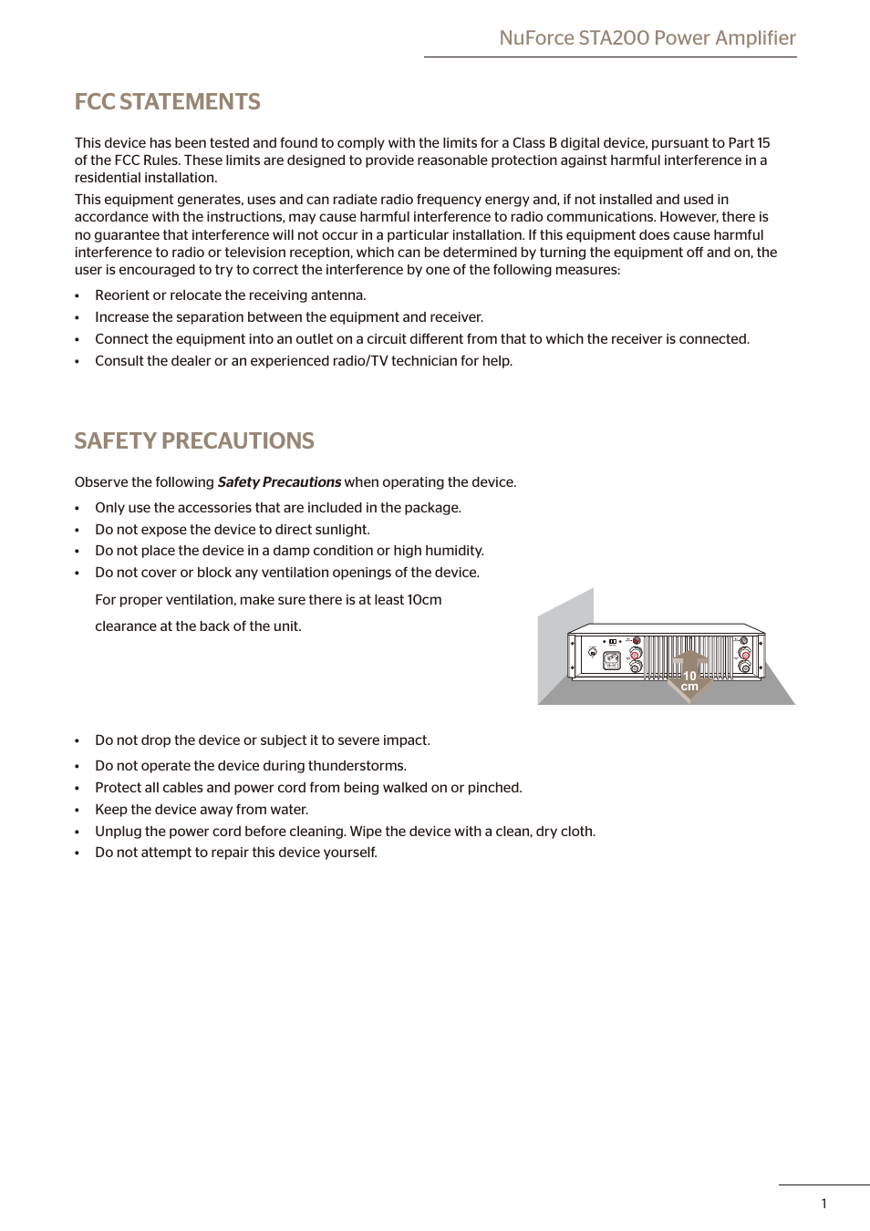 Fcc statements, Safety precautions, Nuforce sta200 power amplifier | Optoma STA200 User Manual | Page 2 / 6