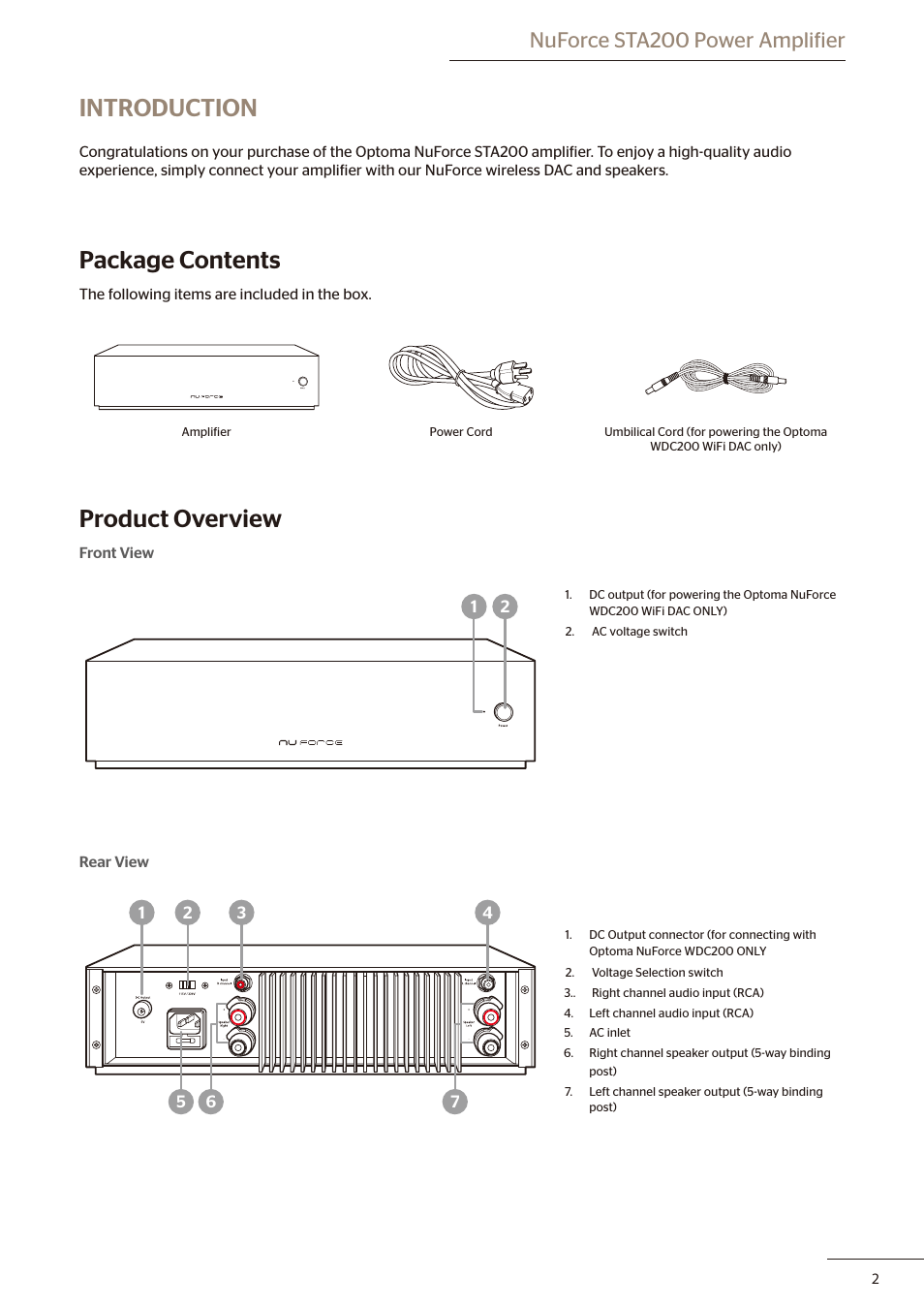 Introduction, Package contents, Product overview | Nuforce sta200 power amplifier | Optoma STA200 User Manual | Page 3 / 6