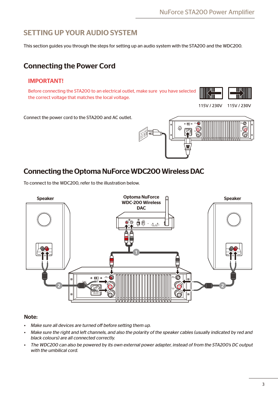 Setting up your audio system, Connecting the power cord, Connecting the optoma nuforce wdc200 wireless dac | Nuforce sta200 power amplifier | Optoma STA200 User Manual | Page 4 / 6