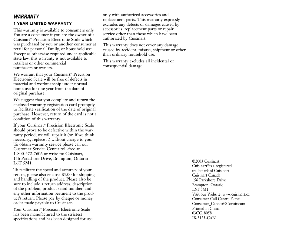 Warranty | Cuisinart SA-110AC User Manual | Page 4 / 4