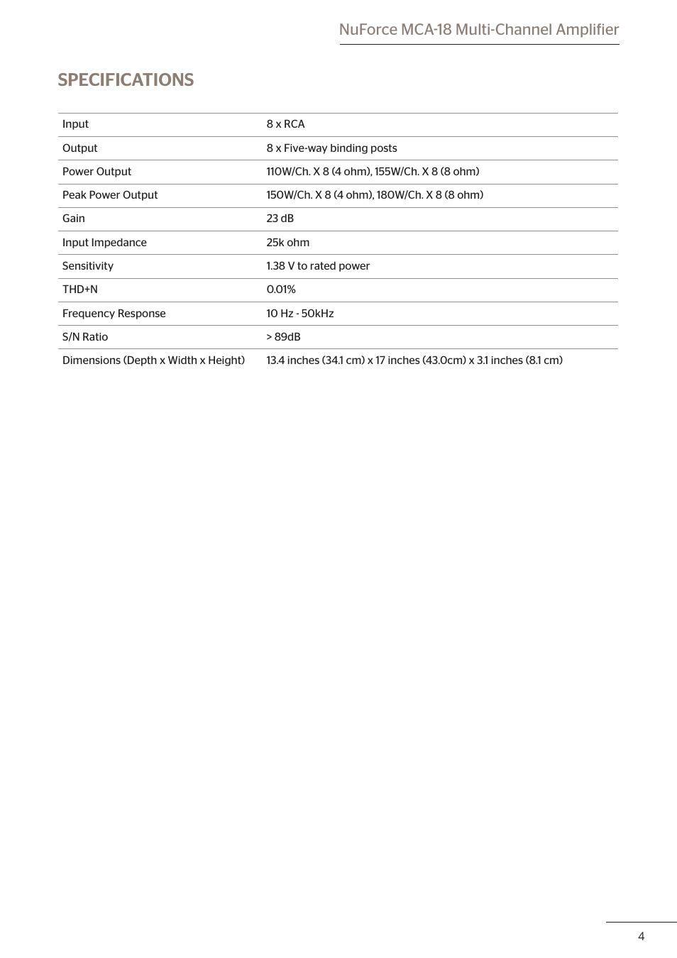 Specifications, Nuforce mca-18 multi-channel amplifier | Optoma MCA18 User Manual | Page 5 / 6