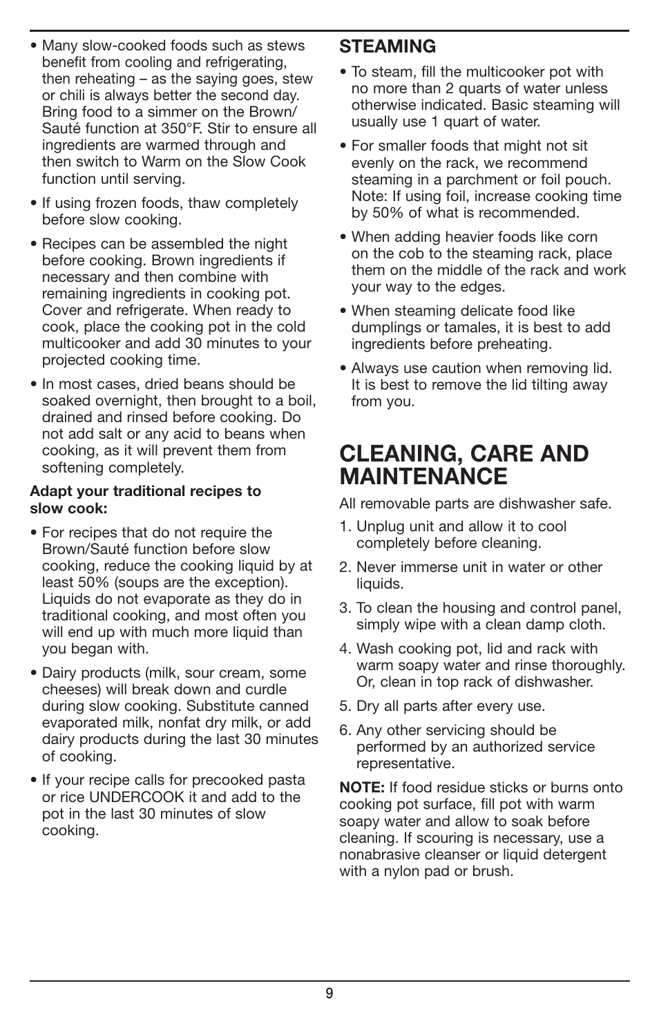 Cleaning, care and maintenance, Steaming | Cuisinart Cook Central 3-in-1 Multicooker MSC-600 User Manual | Page 10 / 45