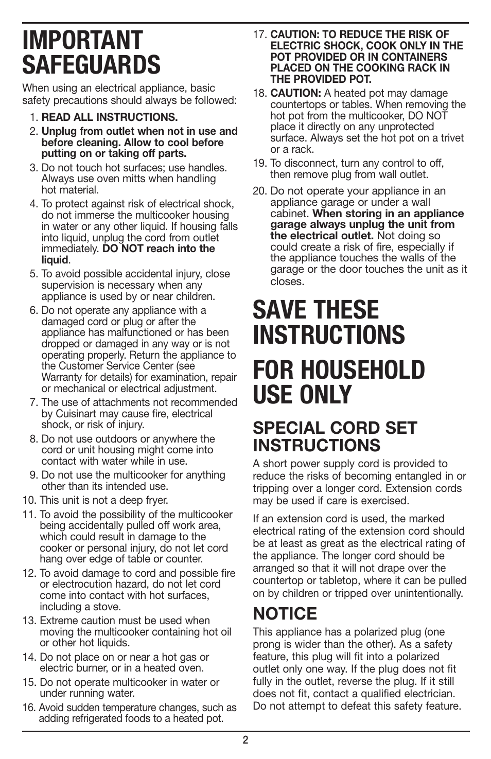 Important safeguards, Save these instructions for household use only, Special cord set instructions | Notice | Cuisinart Cook Central 3-in-1 Multicooker MSC-600 User Manual | Page 3 / 45