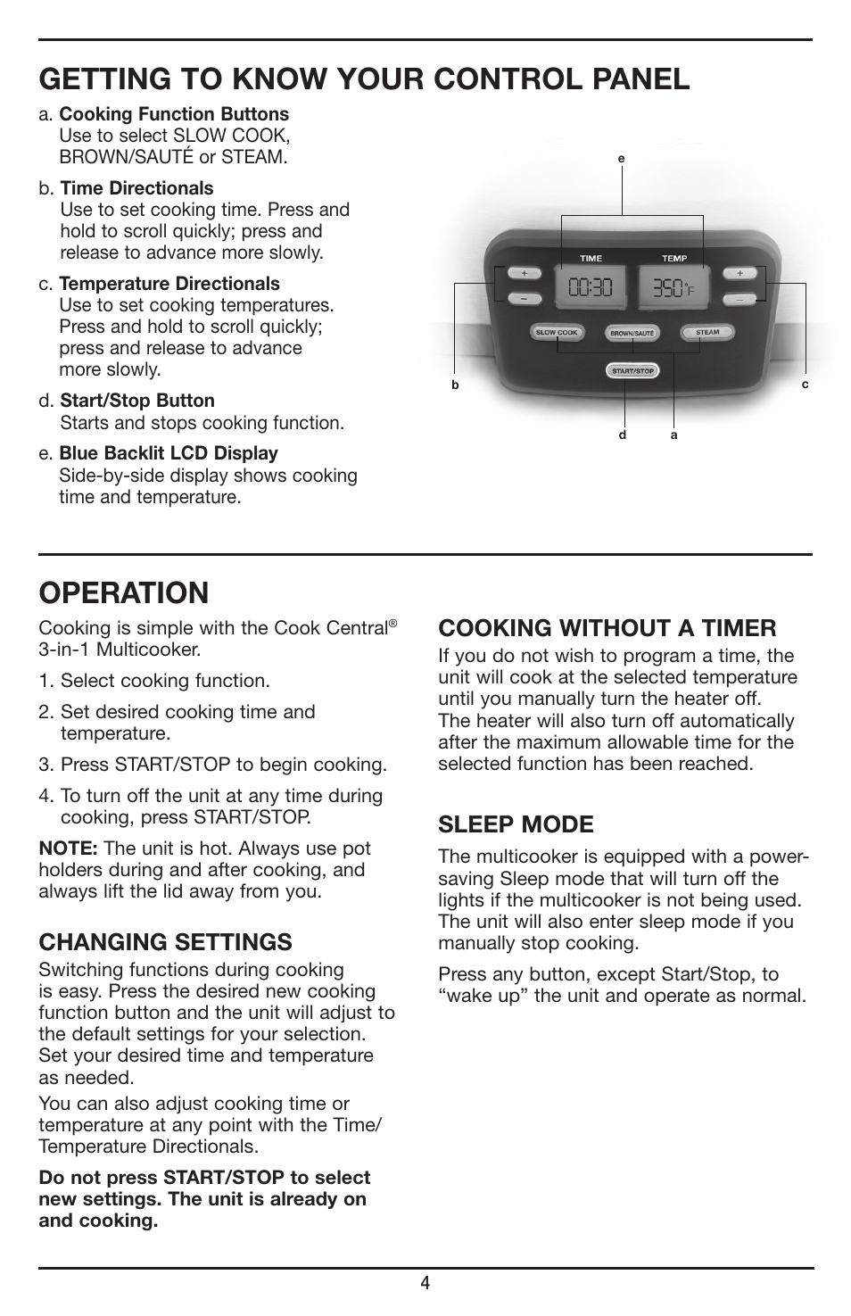 Operation, Getting to know your control panel, Changing settings | Cooking without a timer, Sleep mode | Cuisinart Cook Central 3-in-1 Multicooker MSC-600 User Manual | Page 5 / 45