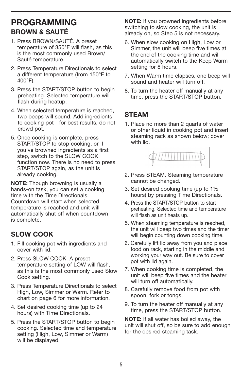 Programming, Brown & sauté, Slow cook | Steam | Cuisinart Cook Central 3-in-1 Multicooker MSC-600 User Manual | Page 6 / 45