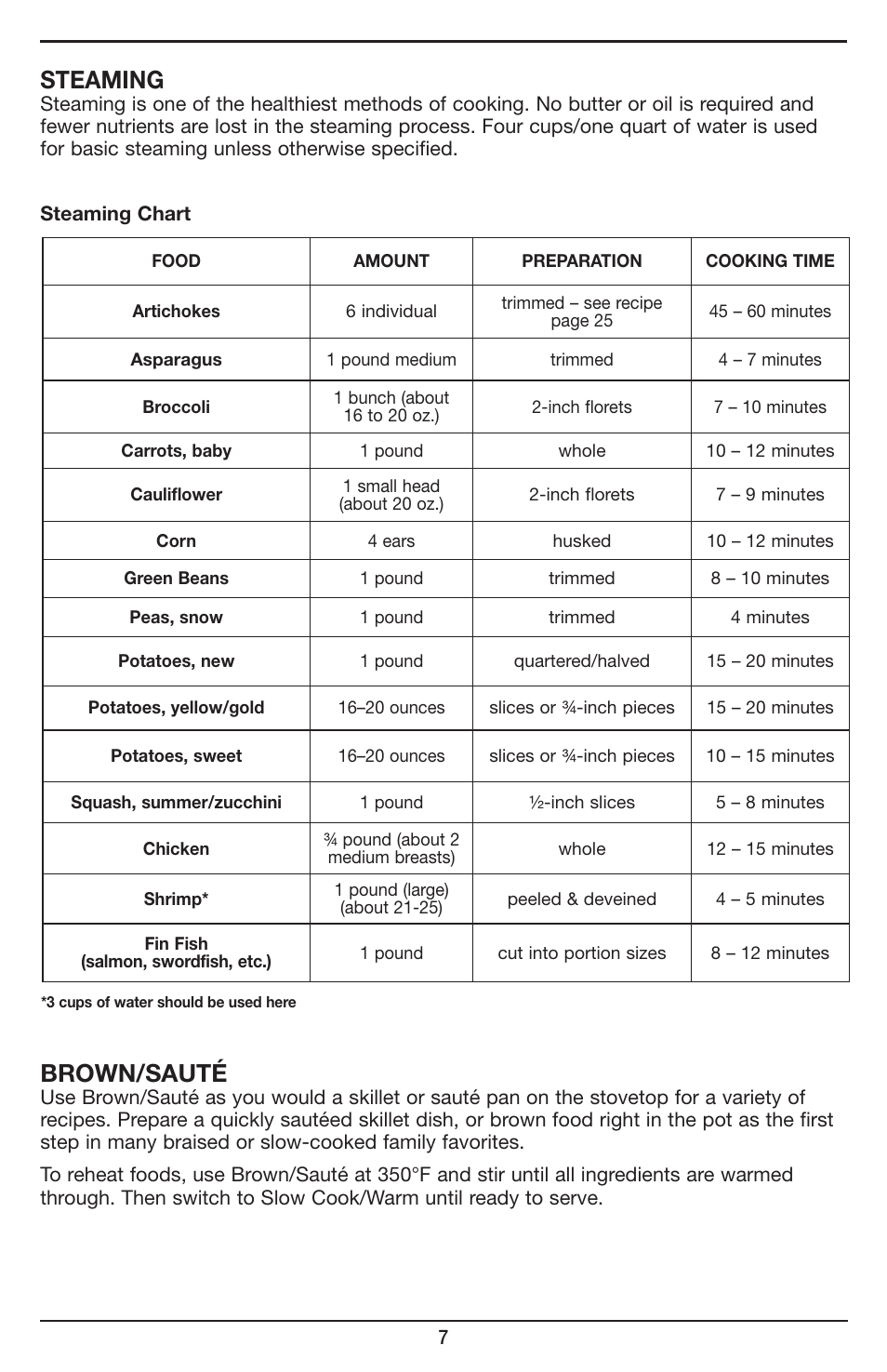 Steaming, Brown/sauté | Cuisinart Cook Central 3-in-1 Multicooker MSC-600 User Manual | Page 8 / 45