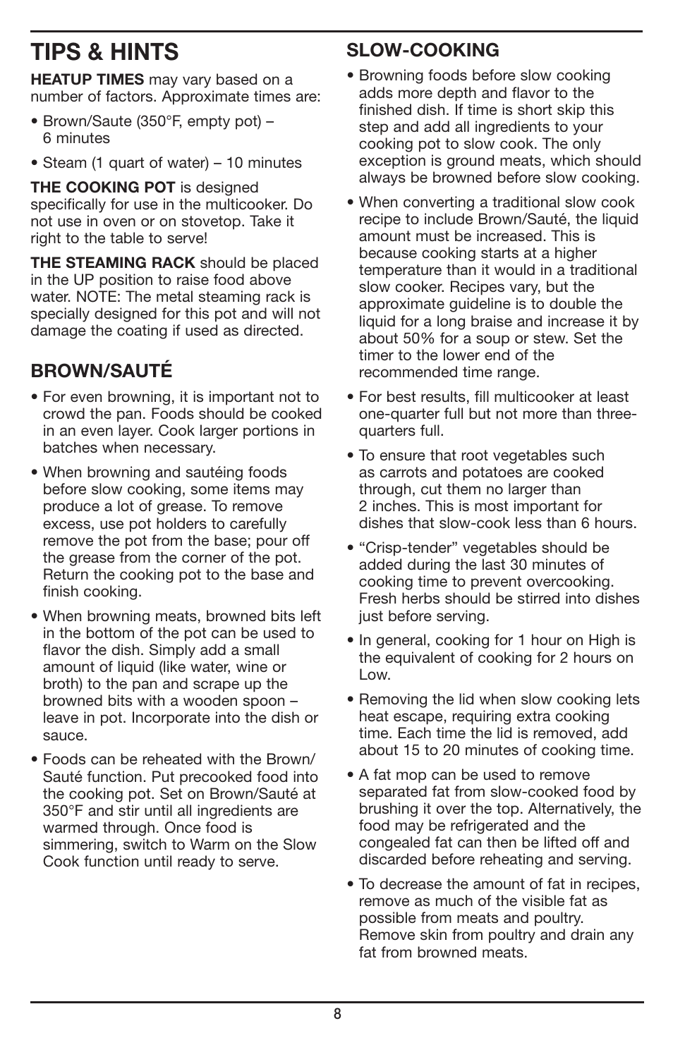 Tips & hints, Brown/sauté, Slow-cooking | Cuisinart Cook Central 3-in-1 Multicooker MSC-600 User Manual | Page 9 / 45
